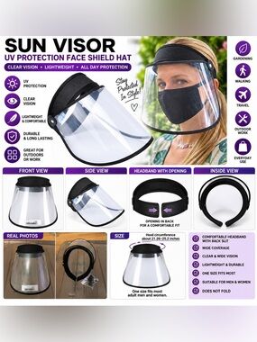 SUN VISOR UV PROTECTION CLEAR FACE SHIELD HAT – ONE SIZE (NEW WITH TAGS) A32